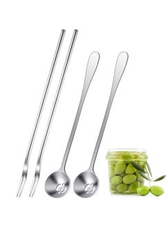 اشتري SYOSI 4 Pcs Pickle Fork and Olive Spoon Strainer, Stainless Steel Long Handle Pickle Fork and Olive Spoon Jars Serving Spoon and Fork Set with Drain Hole for Pickle Cucumber Arugula Caper في السعودية