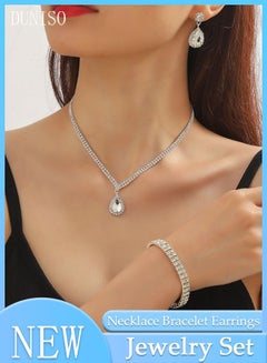 اشتري 3Piece Necklace Bracelet and Earrings Set Full Diamond Necklace Pendant Crystal Earrings Wedding Bridal Bridesmaid Costume Jewelry Set for Women and Girls Dress Accessories في السعودية