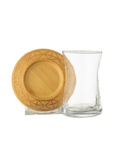 Buy Tea set of 6 glass cups with 6 tea saucers made of wood with golden decoration in Saudi Arabia