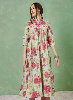 Buy Cotton Floral Print Embroidered V Neck A-Line Kurta in Saudi Arabia