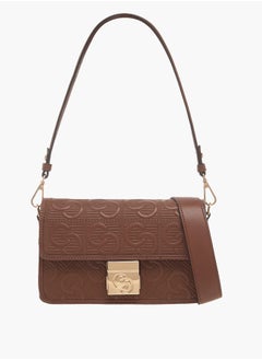 اشتري All-Over Monogram Textured Crossbody Bag with Flap Closure في الامارات