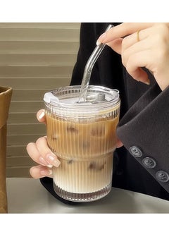 Buy Coffee Cup Simple Vertical Stripes Water Glasses with Lid and Straw in UAE