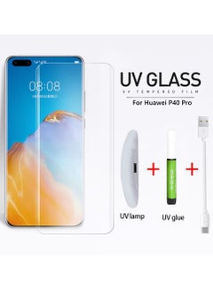 اشتري Huawei P40 Pro UV Screen Protector 6D Tempered Glass 9H Adhesive Nano Liquid UV Glue Full Coverage Clear في الامارات