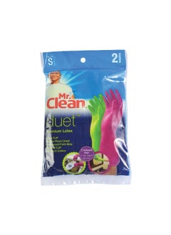 Buy 2-Pair Reusable Duet Latex Gloves Green and Pink Small 243092 in Saudi Arabia