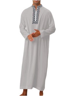 اشتري Men's Muslim Stand Collar Printed Loose Robe Thobe Long Sleeve Zipper Kaftan Grey في الامارات