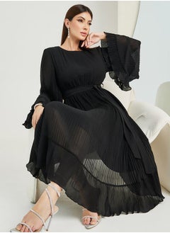 Buy Plisse Flute Sleeve A-Line Midi Dress in Saudi Arabia