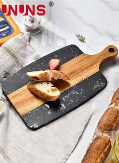 Buy Cutting Board With Handle,Wooden Chopping Board With Marble And Natural Wood,Serving Board For Steak Fruits Bread,Black in Saudi Arabia