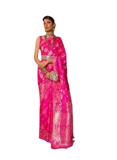 اشتري Pink soft silk saree with Silver weaving design plus unstitched blouse في الامارات