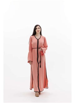 Buy LONG CLASSY SIMPLE SOLID PEACH COLOUR FRONT BUTTONED LACE ARABIC KAFTAN JALABIYA DRESS in Saudi Arabia