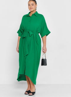Buy Belted Asymmetrical Hem Shirt Dress in UAE