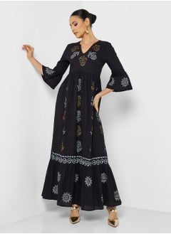 Buy Printed V-Neck Jalabiya in UAE