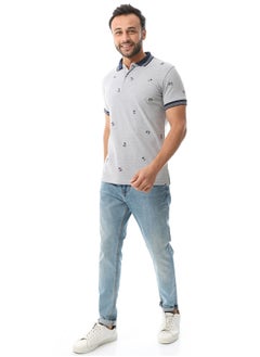 Buy Embroidered Pattern Regular Fit Polo Shirt_Heather Grey & Navy Blue in Egypt