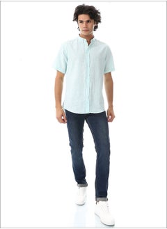 Buy Solid Linen Short Sleeve Oxford Shirt _ Aqua Blue in Egypt