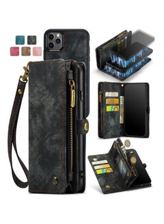 Buy Protective Phone Cover Case Wallet Case For Apple iPhone 11 Pro Max, 2 in 1 Detachable Premium Leather Magnetic Zipper Pouch Wristlet Flip Phone Case (Black) in UAE