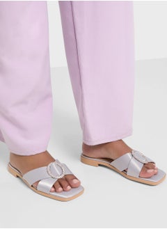 اشتري Encrusted Buckle Satin Flat Sandal في السعودية