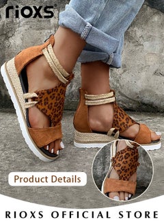 Buy Women's Wedge Round Toe Casual Leopard Print Sandals Comfortable Summer Open Toe Sandals with back zipper in Saudi Arabia