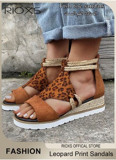 Buy Women's Wedge Round Toe Casual Leopard Print Sandals Comfortable Summer Open Toe Sandals with back zipper in Saudi Arabia