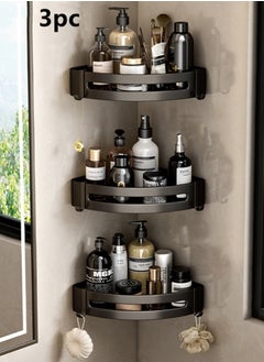 Buy 3-Piece Bathroom Rack Shower Shampoo Organizer Wall Mounted Storage Rack And Hooks Black 30x22.5x4.5 cm in UAE