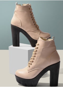 Buy Ankle Boot Leather Heel 7cm-Beige in Egypt