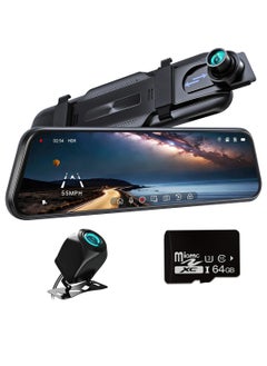 Buy 10'' Mirror Dash Cam Front and Rear Touch Screen Camera for Cars Streaming Media 170°Wide Angle with 64GB card in UAE