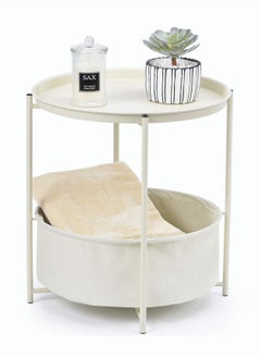 Buy Coffee Round Sofa Side Snack Table with Storage Basket Metal Nightstand in Saudi Arabia