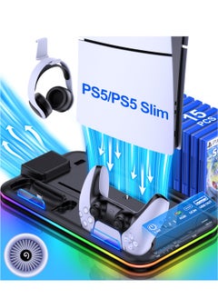 اشتري PS5 Slim Stand and Turbo Cooling Station with Controller Charging Station for Playsation 5, PS5 Accessories Incl. 3 Levels Cooling Fan, RGB Light, Headset Holder for PS5 Digital/Disc في السعودية