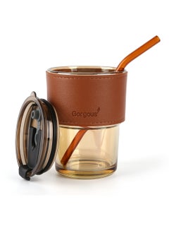 Buy Pyrex glass cup with a chic leather cover and a glass straw, 450 ml, transparent in Egypt