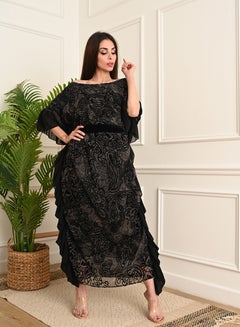 Buy Long Dress decorated with  a tie on the waist, Black in Saudi Arabia