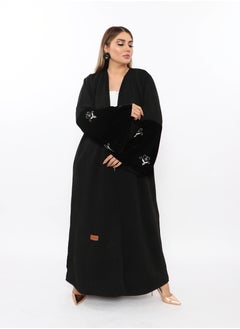 Buy abaya with black velvet sleve from velvet  fabric and design with color Crystals in Saudi Arabia