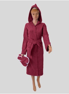 Buy Luxurious burgundy Egyptian cotton bathrobe, suitable for men and women, comes with a cape, slippers, and a waist belt. Available in sizes to suit everyone. in Saudi Arabia