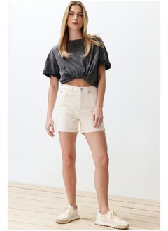 Buy Ecru High Waist Denim Shorts with Folded Legs TWOSS20SR0231 in Egypt