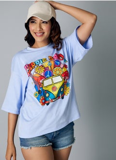 Buy Oversize Light Blue Printed T-shirt in UAE