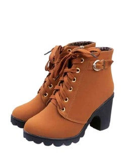 Buy Block Heels Zippered Ankle Boots Brown in Saudi Arabia