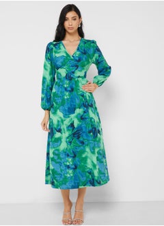 Buy Blurred Floral Midi Wrap Dress in UAE