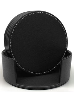 اشتري PU Black Leather Coasters Set of 6 with Holder Coasters for Drinks Heat resistance Mats Coffee Coaster Protect Furniture في الامارات