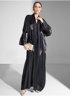 Buy Embellished Front Open Black Abaya With Sheila in UAE