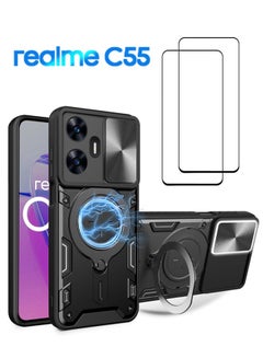 اشتري [1+2] حافظة لهاتف Realme C55، مع قطعتين واقي شاشة من الزجاج المقوى، وحلقة حامل سيارة مقاومة للصدمات مع درع مغناطيسي مع غطاء واقي لكاميرا نافذة الدفع لهاتف Realme C55 4G في الامارات