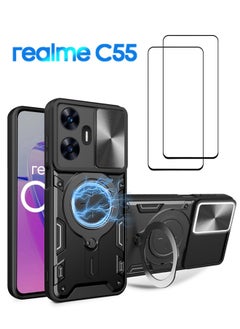 Buy [1+2] Case for Realme C55 Case ,With 2pcs Tempered Glass Screen Protector ,Magnetic Armor Shockproof Car Holder Ring with Push Window Camera Protector Cover for Realme C55 4G in UAE