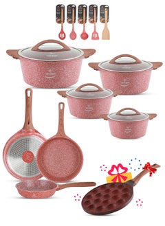 Buy 16Pcs Cookware Set Pot and Pans set Induction Bottom, Granite Non Stick Coating 100% PFOA FREE, Die Cast aluminum Cooking Set include Casseroles & Fry Pans & Silicone Utensils (Pink) in UAE