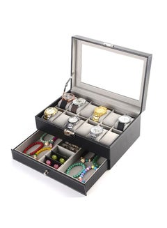Buy 2 Tier Watch Organizer Box with Glass Lid, 12 Slots PU Leather Case Organizer with Jewelry Drawer for Storage and Display in UAE