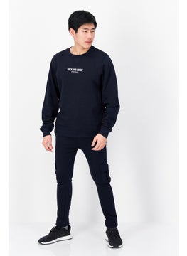 اشتري Men 2 Pcs Crew Neck Brand Logo Sweatshirts And Cargo Jogger Pant, Navy Blue في الامارات