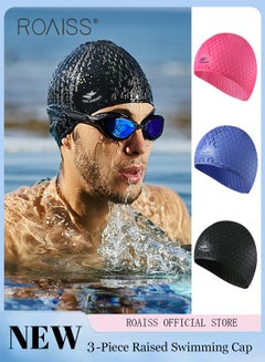 Buy 3 Piece Silicone Swimming Cap Unisex Three Color Waterproof High Elastic Ear Protection Diving Cap in UAE