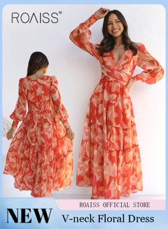 Buy Ladies Dress A-Line Long Sleeves Big Hem Floral Pattern Print Bright Color Dress in UAE