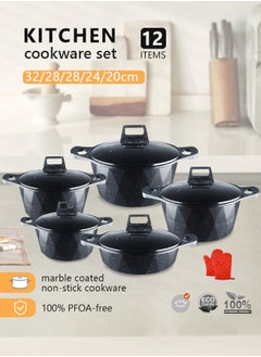 Buy 12-Piece Kitchen Cookware set, Casserole Set And Frying Pan With Non Stick Cookware sets ,Finish Glass lid PFOA-Free  20-24-28-32 cm (Deep Stockpot) + 28 cm (deep Frying Pan)+ Pair Of Gloves（Black） in Saudi Arabia