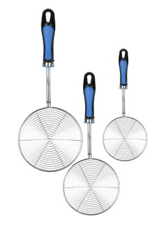 Buy 3 pcs stainless steel strainer and sifter with plastic handle blue and black different sizes in Egypt