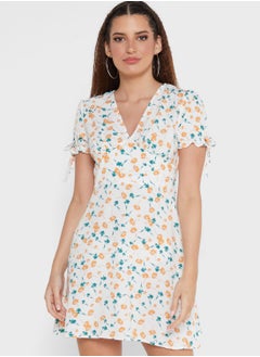 Buy Drawstring Sleeve Printed Dress in Saudi Arabia