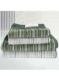 Buy 4 Piece Bathroom Towel Set ETERNITY 500 GSM 100% Cotton Velour 2 Bath Towel 70X140 cm & 2 Hand Towel 50x90 cm Dark Green & Grey Color Modern Stripe Design Luxury Touch Extra Absorbent in UAE