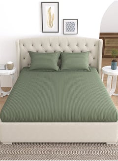 Buy 100% Cotton Linen Striped Bedsheet with 2 Pillow Covers - King Size - Avocado Green in UAE