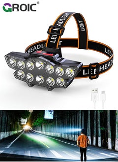 Buy Headlamp Rechargeable, 22000 Lumen Bright 12 LEDs Head Lamp, 10+2 Head Light with 4 Light Modes for Adult, Waterproof Head Flashlight for Outdoor Running, Hunting, Camping, Hiking in UAE