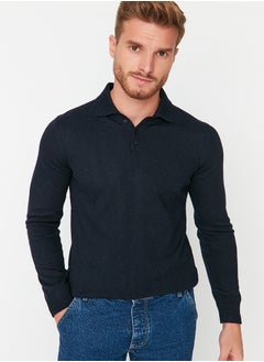 Buy Navy Blue Slim Fit Polo Neck Buttoned Smart Knitwear Sweater TMNAW23KZ00238 in Egypt